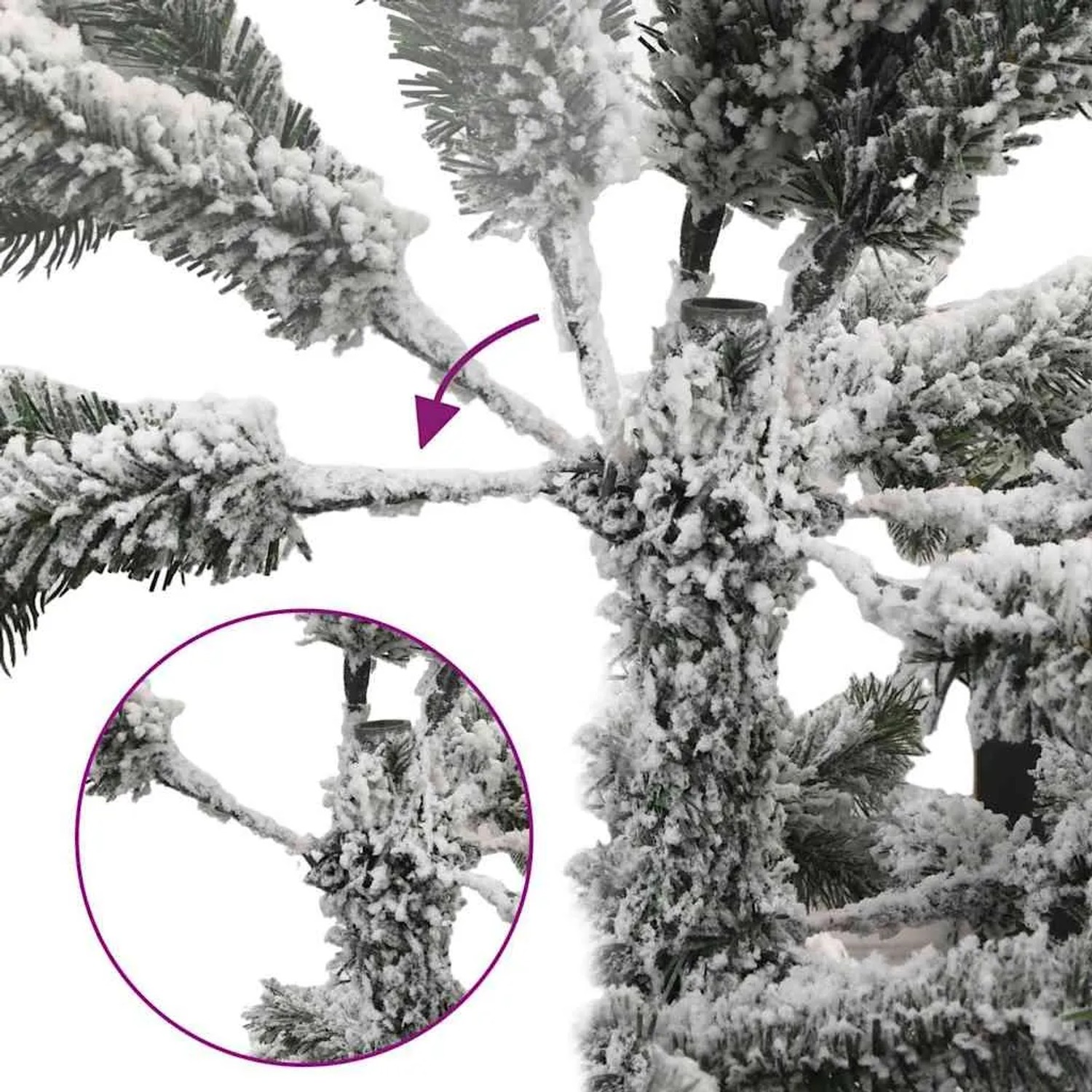 Detailaufnahme: Grün-weißer, künstlicher Weihnachtsbaum (150 cm) mit Schnee und klappbaren Ästen.