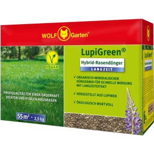 Wolf Garten LupiGreen Hybrid-Rasendünger Langzeit, 2,5 kg Packung für 55 m² Rasenfläche.