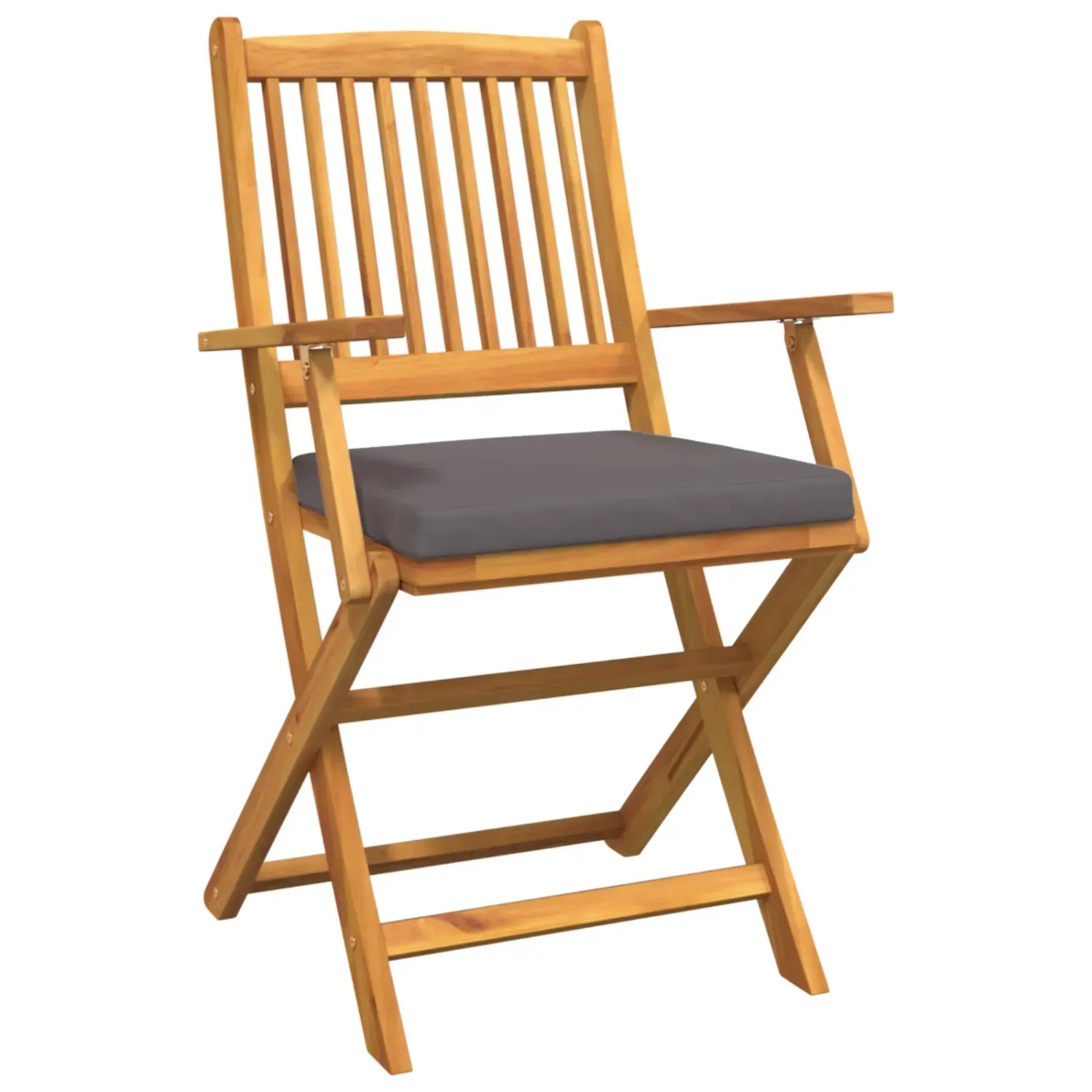 Garten-Klappstuhl aus Akazienholz mit grauem Kissen, Teil eines 8er Sets.