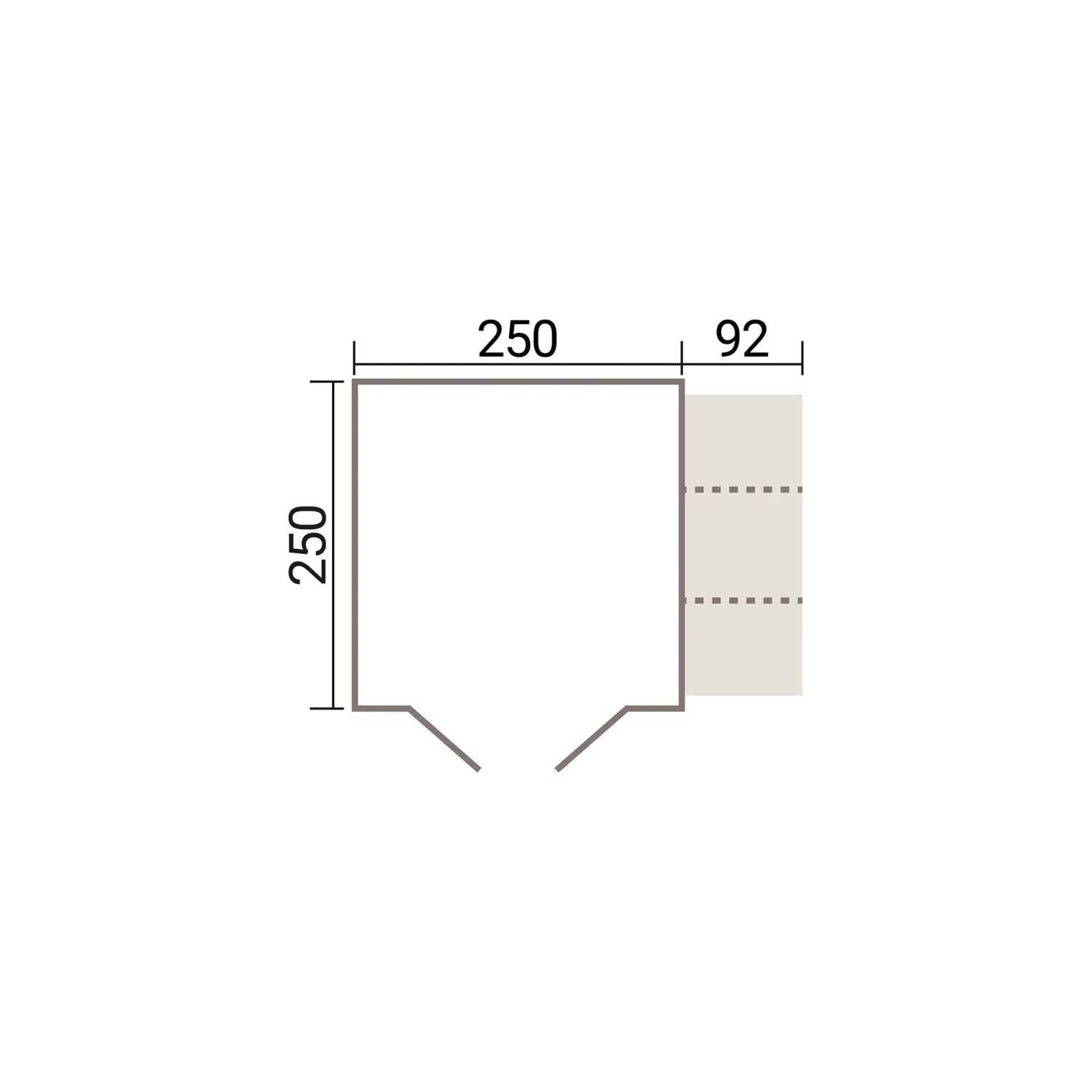 Grundriss Weka Gartenhaus Killarney mit Mülltonnenbox, 250x250 cm, naturbelassen.