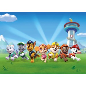 Fototapete mit Paw Patrol-Motiv in Grün und Blau, 2,52x1,82m.