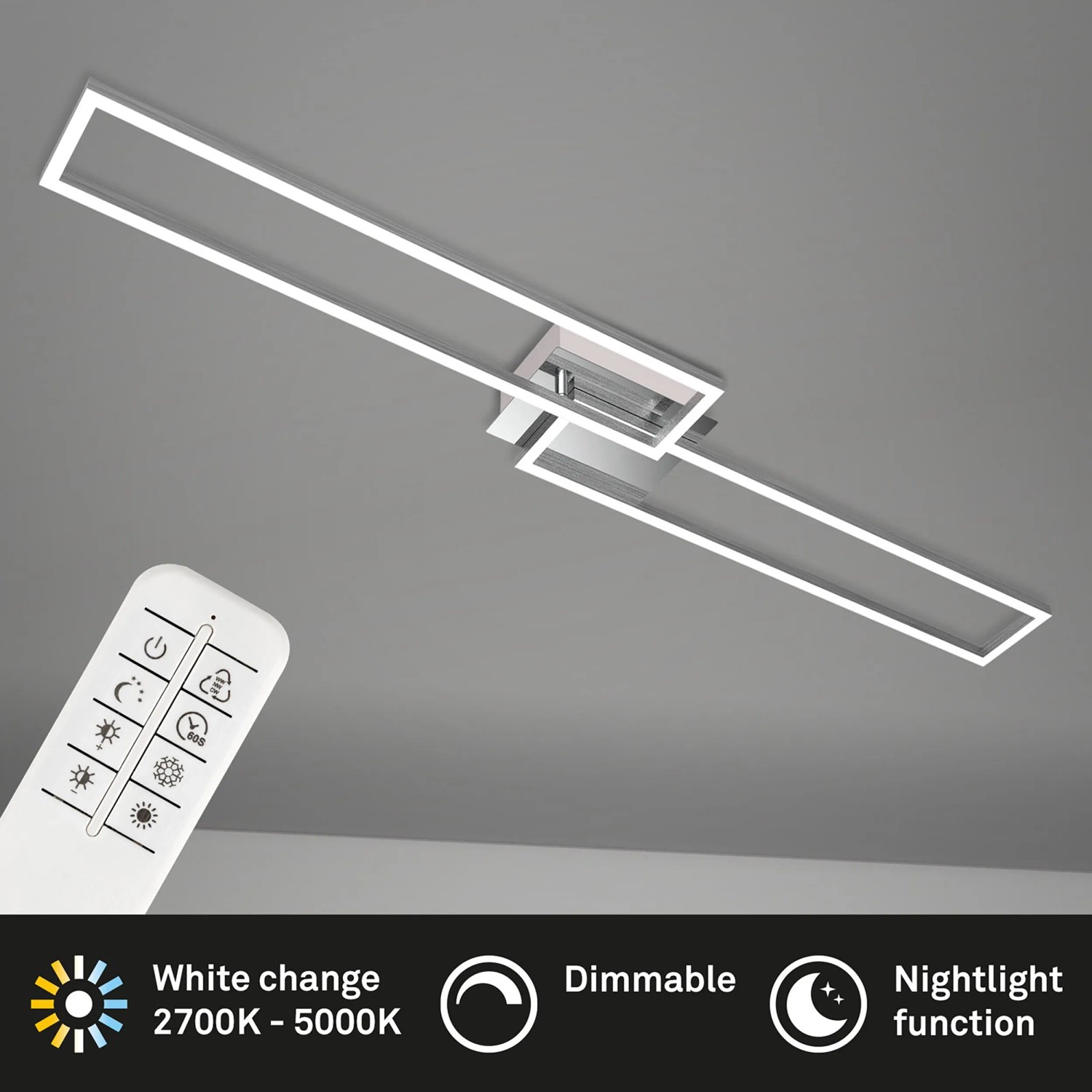 Dimmbare LED Deckenleuchte Frame, 110cm, Chrom-Alu mit Fernbedienung zur Farbtemperatursteuerung.