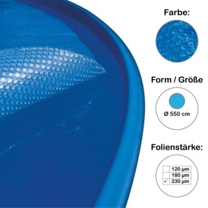 Blaue Solarplane als Luftpolsterabdeckung für einen runden Pool (550 cm) im Detail.