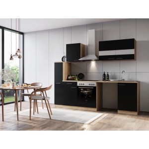 Respekta Küchenblock Merle 250 cm in Eiche Schwarz mit Waschmaschinen-Nische.