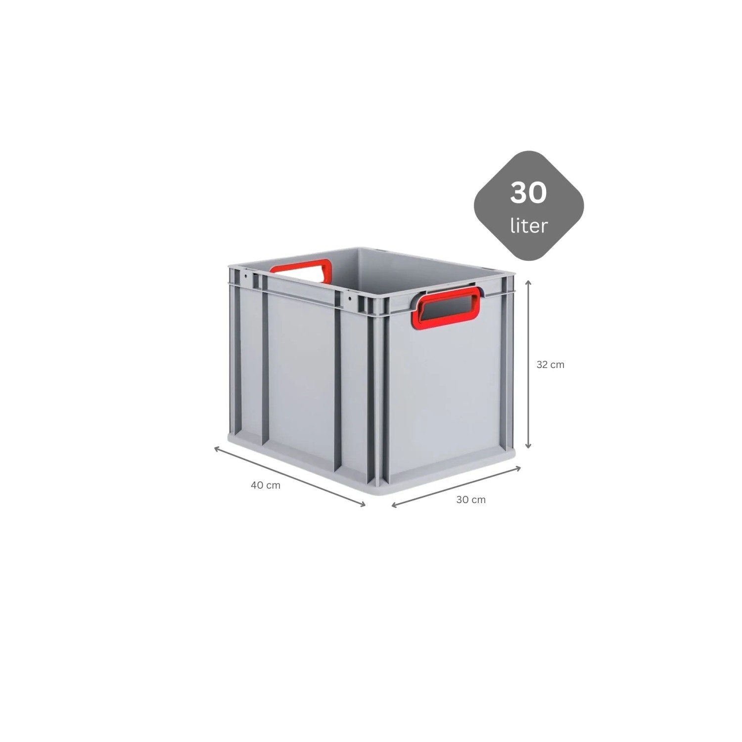 Graue PROREGAL Eurobox (30L) mit rotem Griff und Deckel, 32x30x40cm. Ideal zur Aufbewahrung.