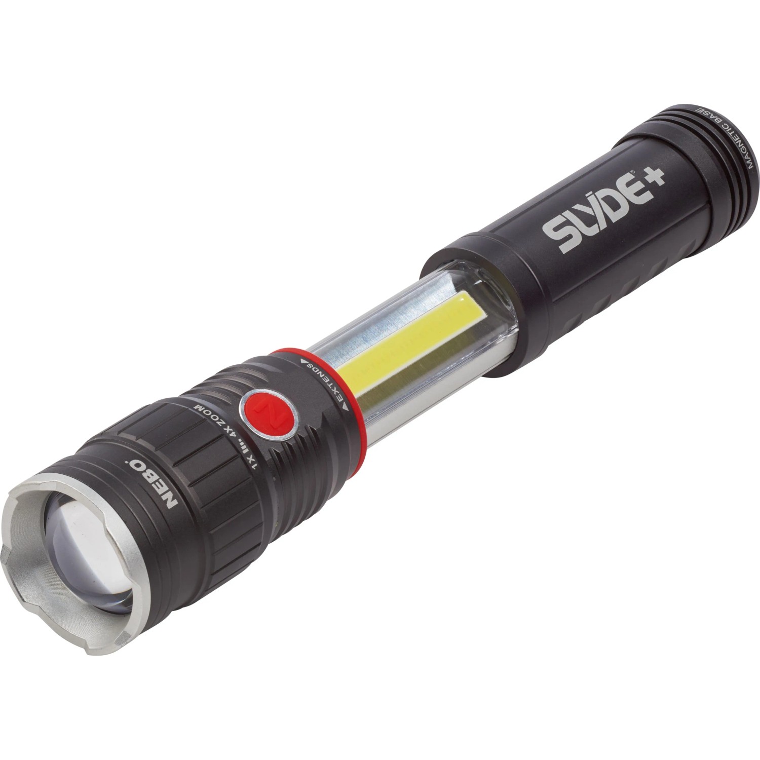 NEBO LED-Taschenlampe Slyde mit ausziehbarer Arbeitsleuchte, robustes Aluminiumgehäuse.