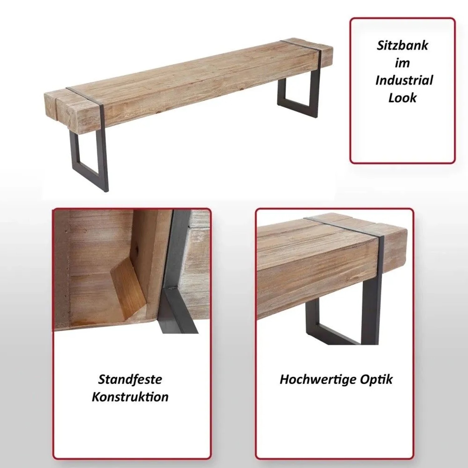 Lange Garderobenbank aus hellem Tannenholz mit schwarzen Metallfüßen im Industrial Design, 180cm.