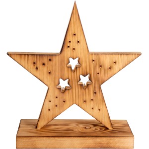 Näve LED-Holzstern Tischleuchte, 29 cm, mit kleinen Sternen und warmweißem Licht.
