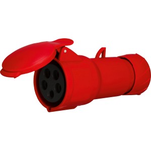 Rote Schneider Electric CEE-Kupplung 16A mit Schneidklemmen und geöffnetem Deckel.