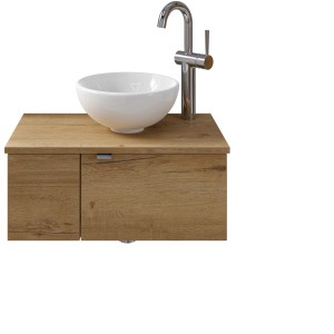 Pelipal Einzelwaschtisch Serie 6915, 61 cm, Eiche Dekor mit rundem Aufsatzwaschbecken und Armatur.