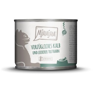 Mjamjam Katzen-Nassfutter mit Kalb & Truthahn, 200g Dose. Getreidefreies Alleinfutter für Katzen.