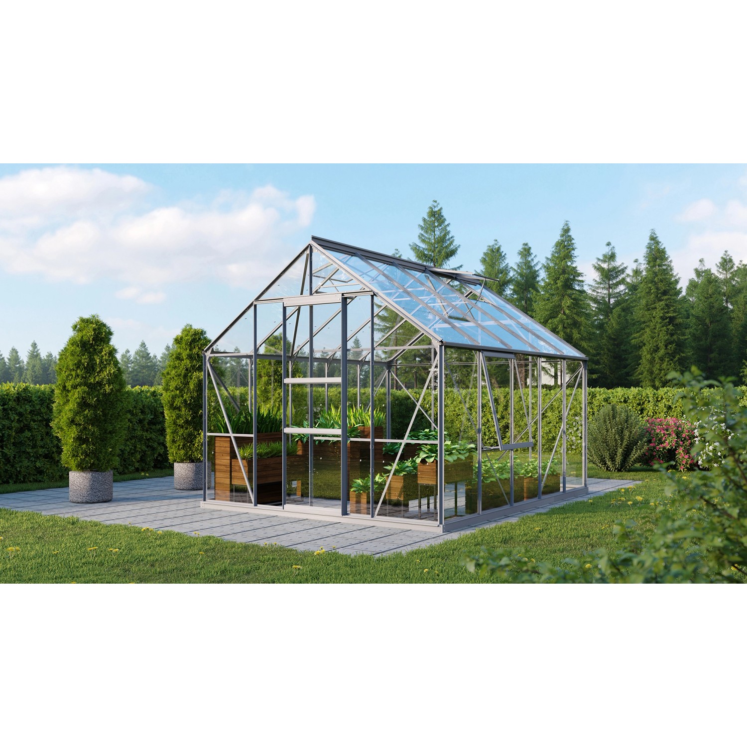 Vitavia Gewächshaus Meridian 1 8300 mit ESG Glas und Alu Rahmen im Garten.