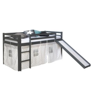 Homestyle4u Hochbett 90x200 mit Vorhang und Rutsche in Grau Sterne 1871
