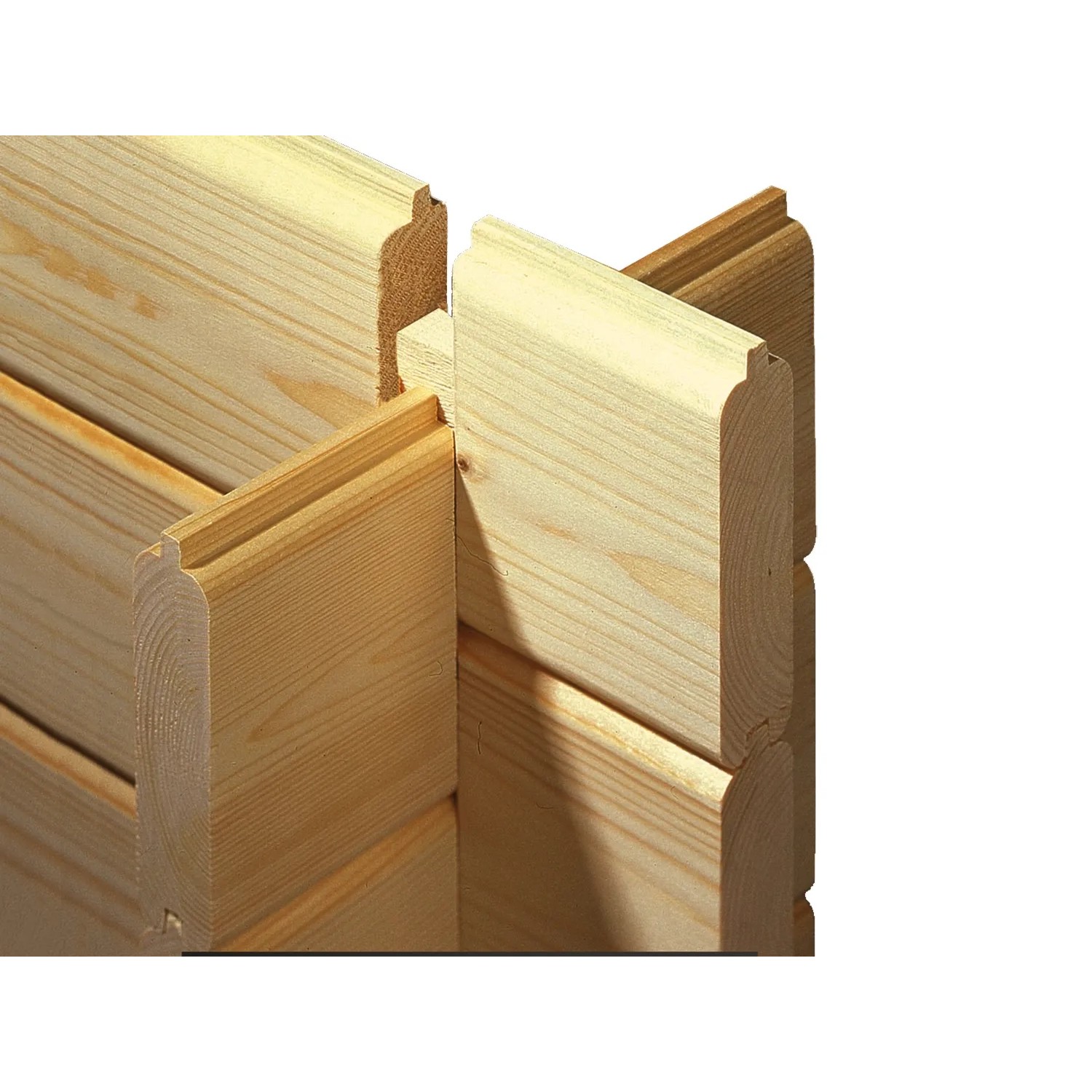 Detailansicht der Blockbohlenbauweise des unbehandelten Weka Holz-Gartenhauses.