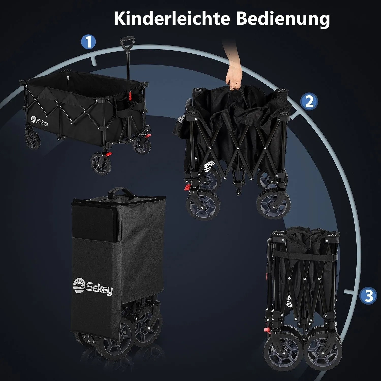 Sekey XXL Bollerwagen, faltbar, 200L, 200KG, schwarz, verschiedene Faltstufen.