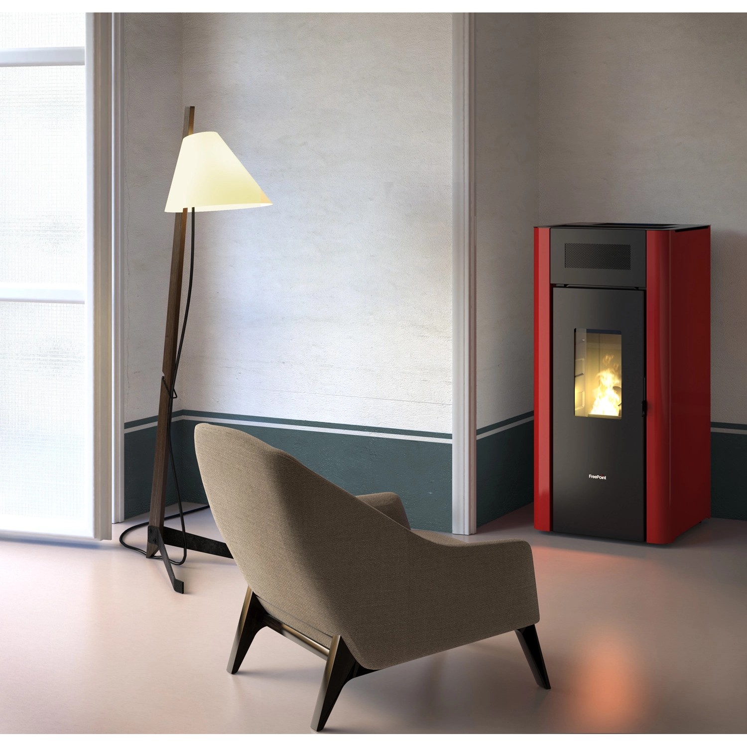 Freepoint Pelletofen Amaranto in Bordeaux, 8,5 kW, mit Stahlverkleidung und Automatikfunktion.