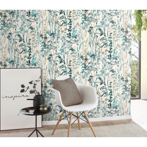 Erismann Vliestapete Casual Chic Blumenwiese Türkis-Blau im Cottage Stil an Wohnzimmerwand.