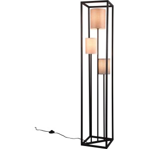 Schwarze Trio Stehleuchte Ross mit drei beigen Stoffschirmen im modernen Design.