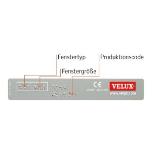 VELUX Typenschild zur Bestimmung von Fenstertyp und -größe für Rollos & Raffrollos.