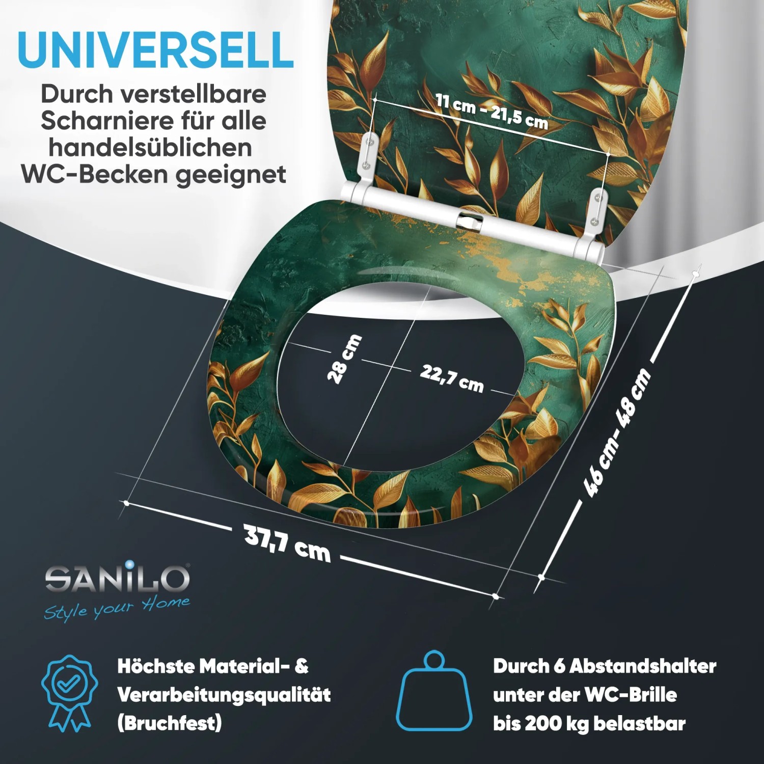 SANILO WC-Sitz Greego mit Absenkautomatik und grün-goldenem Blätterdesign.