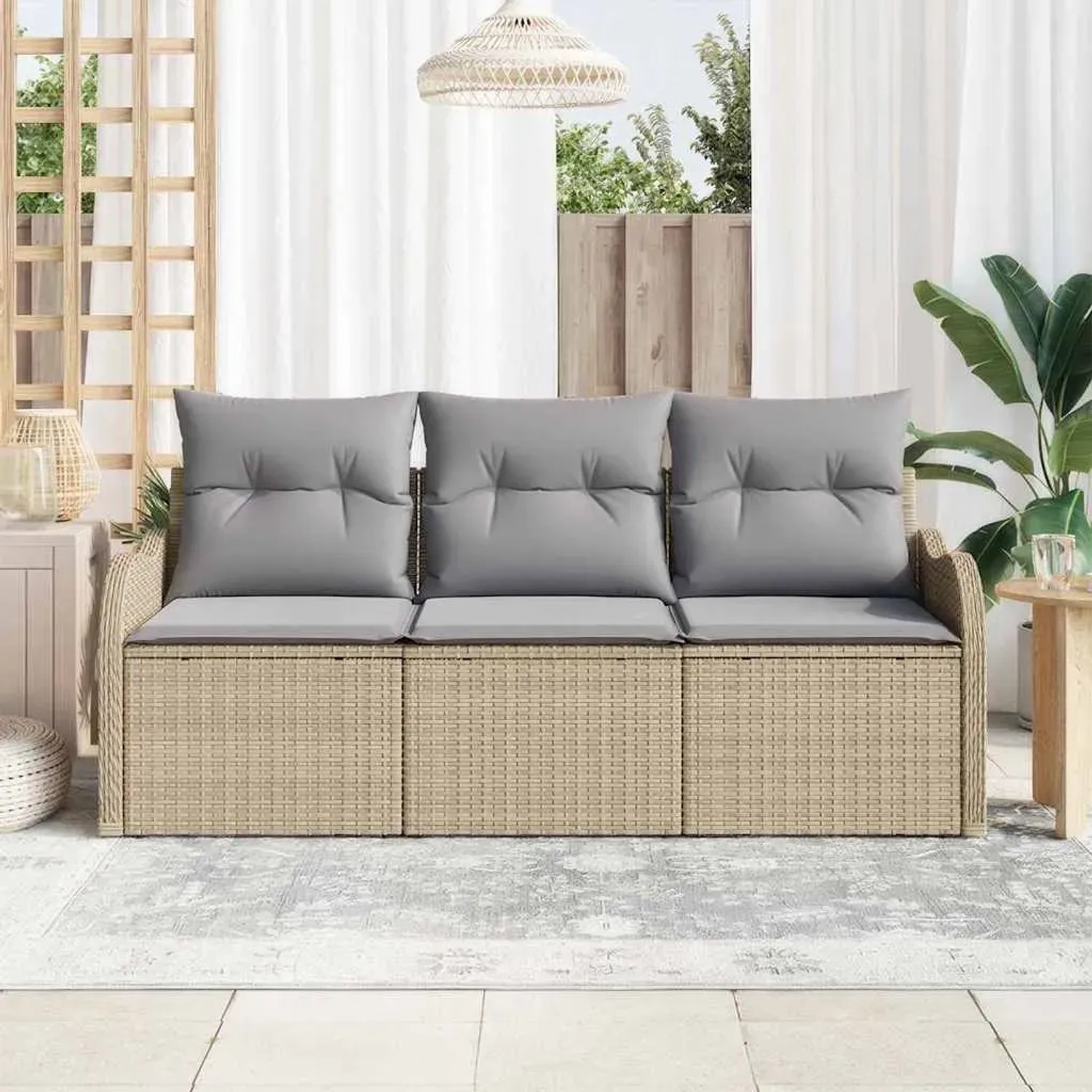 Beiges 3-tlg. vidaXL Garten-Sofa-Set aus Poly Rattan mit grauen Kissen und Stauraum.