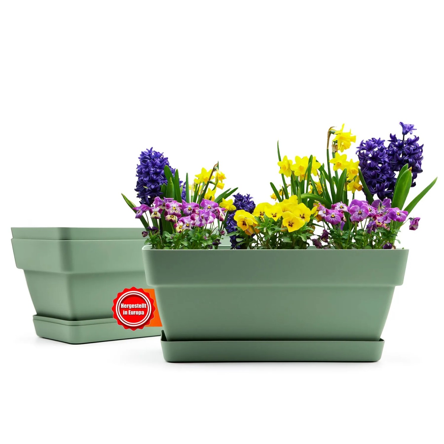 3er Set BigDean Blumenkästen, 40 cm, olivgrün, mit Blumen bepflanzt.
