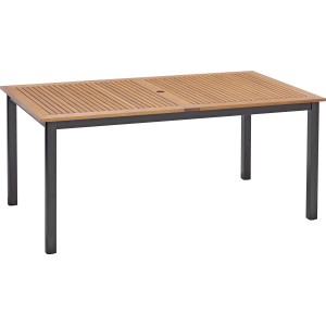 Tisch der 5-tlg. Sitzgruppe Bonlee: Grau Aluminium, Eukalyptusholz-Tischplatte mit Schirmloch.