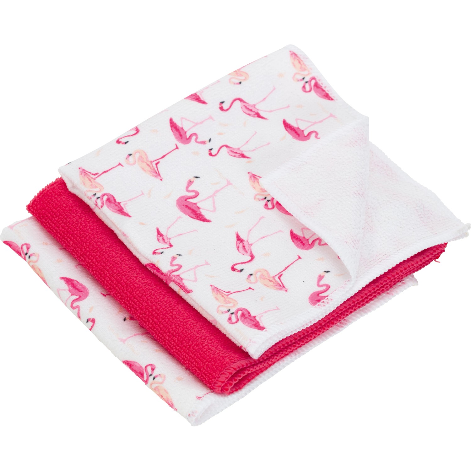 3er-Set Mikrofaser Allzwecktücher: Pink, Weiß, Flamingo-Muster. Ideal für die Reinigung im Haushalt.