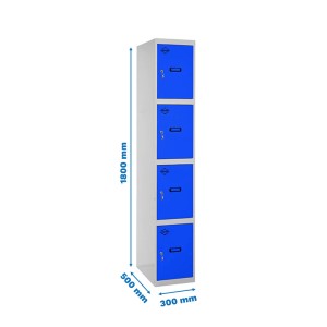 PROREGAL Spind AMEGO, 4 Abteile, grau-blaue Garderobe mit Maßangaben.
