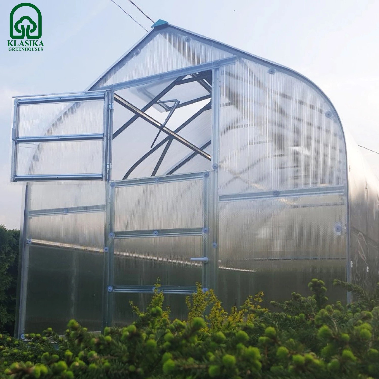 Klasika Gewächshaus 20m² mit Polycarbonat, Tür offen und Dachfenster.