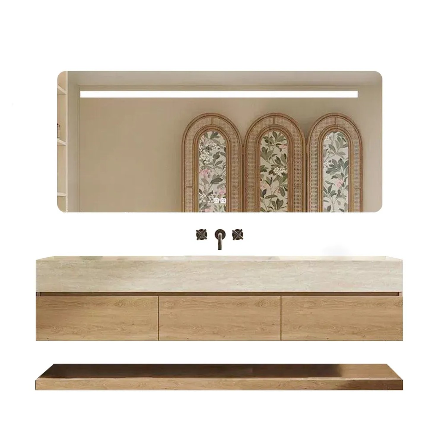360Home Wandhängendes Waschbecken Set Sinterstein Travertine Look Mit Spiegel Unterschrank Ohne Armaturenloch 110 CM YT9865110BKK