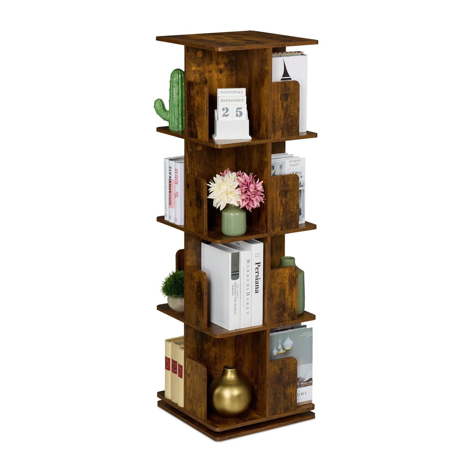 Relaxdays Bücherregal Holzwerkstoff Stahl Braun 360 Grad Drehbar 125,5 cm x 39 cm x 39 cm 18 kg