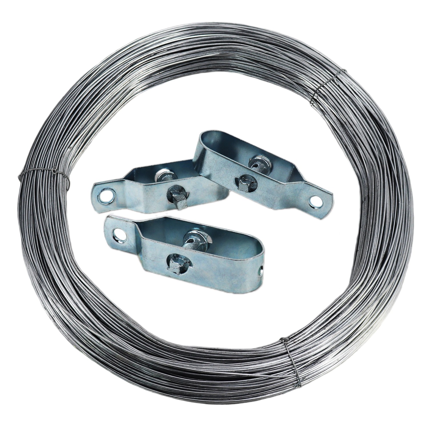 Spanndraht und Drahtspanner für Zäune. Verzinkter Draht auf Rolle mit drei Drahtspannern.