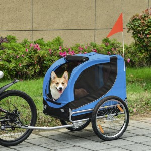 Blauer PawHut Hundeanhänger mit Hund, befestigt an Fahrrad. Sicherer Transport für Haustiere.