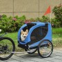Blauer PawHut Hundeanhänger mit Hund, befestigt an Fahrrad. Sicherer Transport für Haustiere.