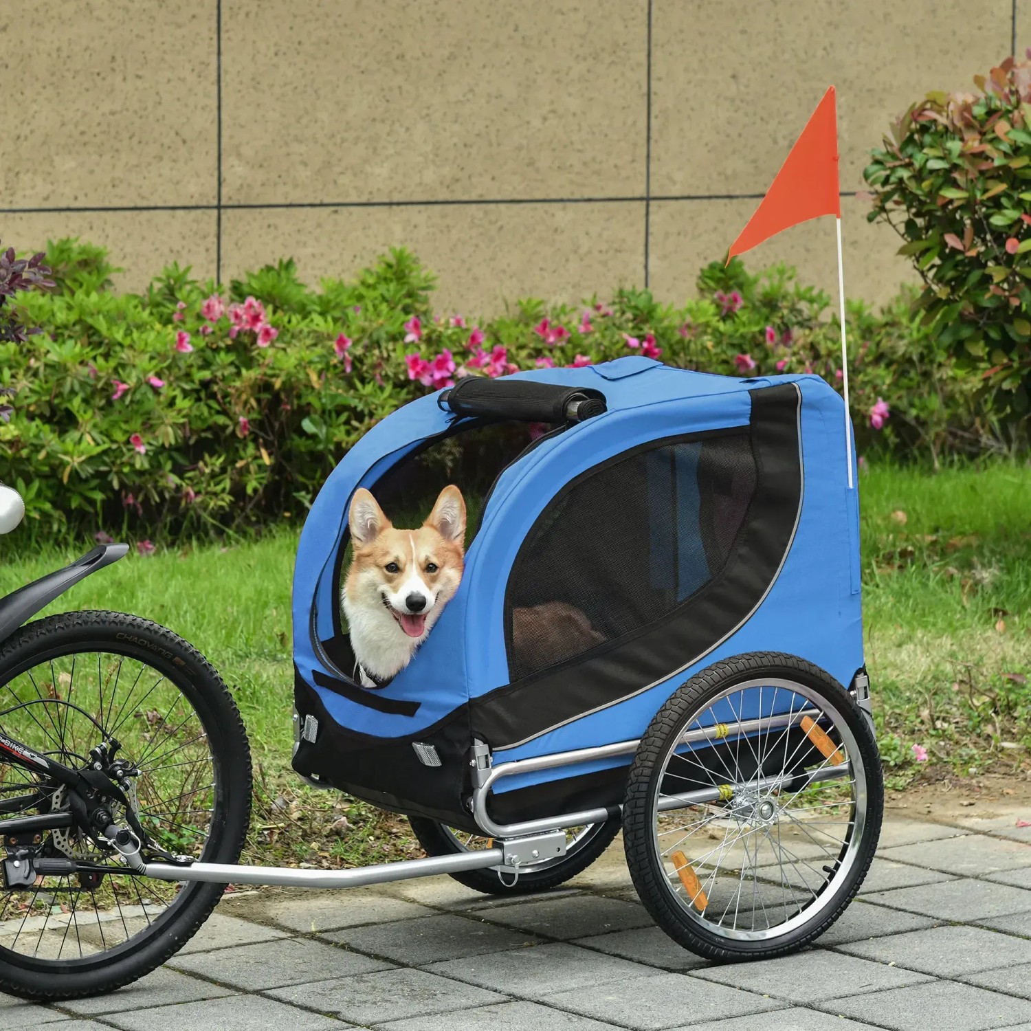 Blauer PawHut Hundeanhänger mit Hund, befestigt an Fahrrad. Sicherer Transport für Haustiere.