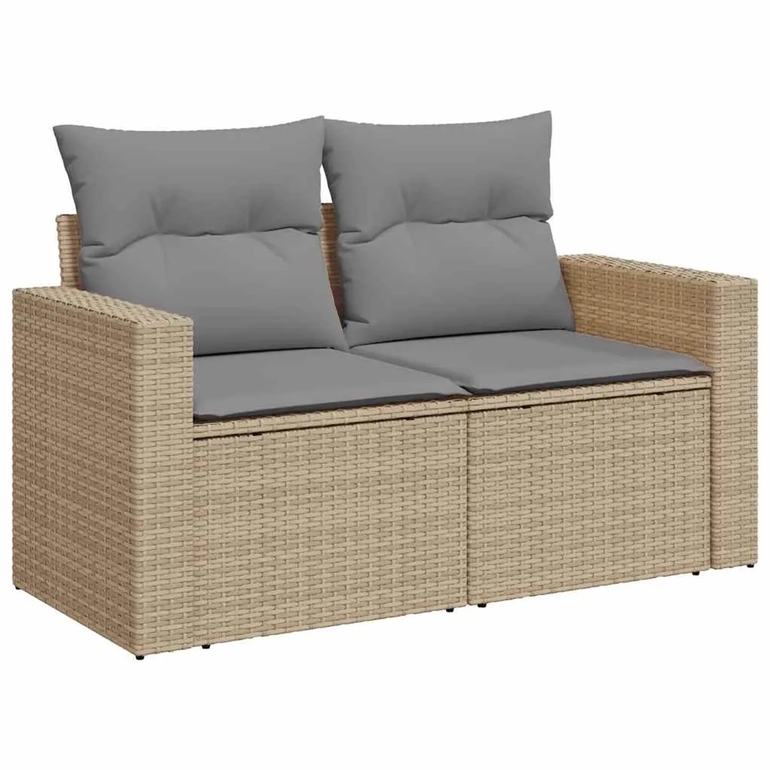 Beige vidaXL Garten-Sofagarnitur aus Polyrattan mit grauen Kissen, Teil einer 8-teiligen Gartenmöbel-Set.