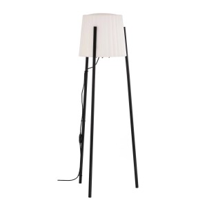 Schwarze Lucande Jaimy Tripod Stehlampe mit weißem Lampenschirm für Innenräume.