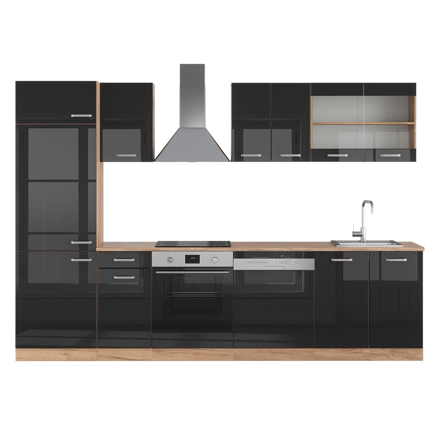 Vicco R-Line Küchenzeile Schwarz Hochglanz/Goldkraft Eiche 300 cm AP Eiche günstig online kaufen