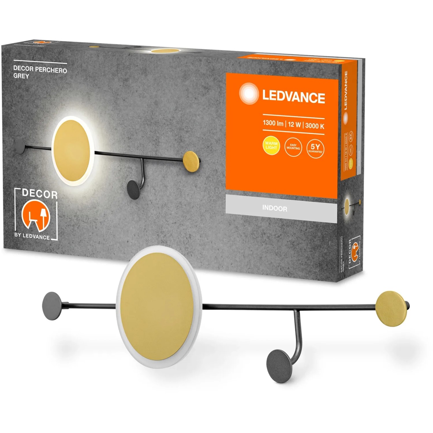 Ledvance Wandlampe Decor Perchero grau, mit Kleiderhaken. Elegantes Design für Schlafzimmer, Eingangsbereiche und Büros.