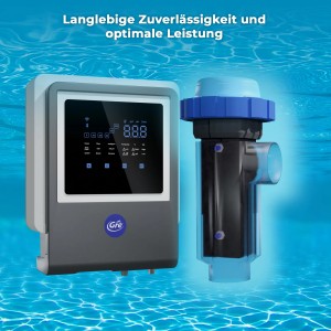 Gre 3-in-1 Salzelektrolyseanlage für Pools bis 100m³ zur automatischen Wasserdesinfektion.