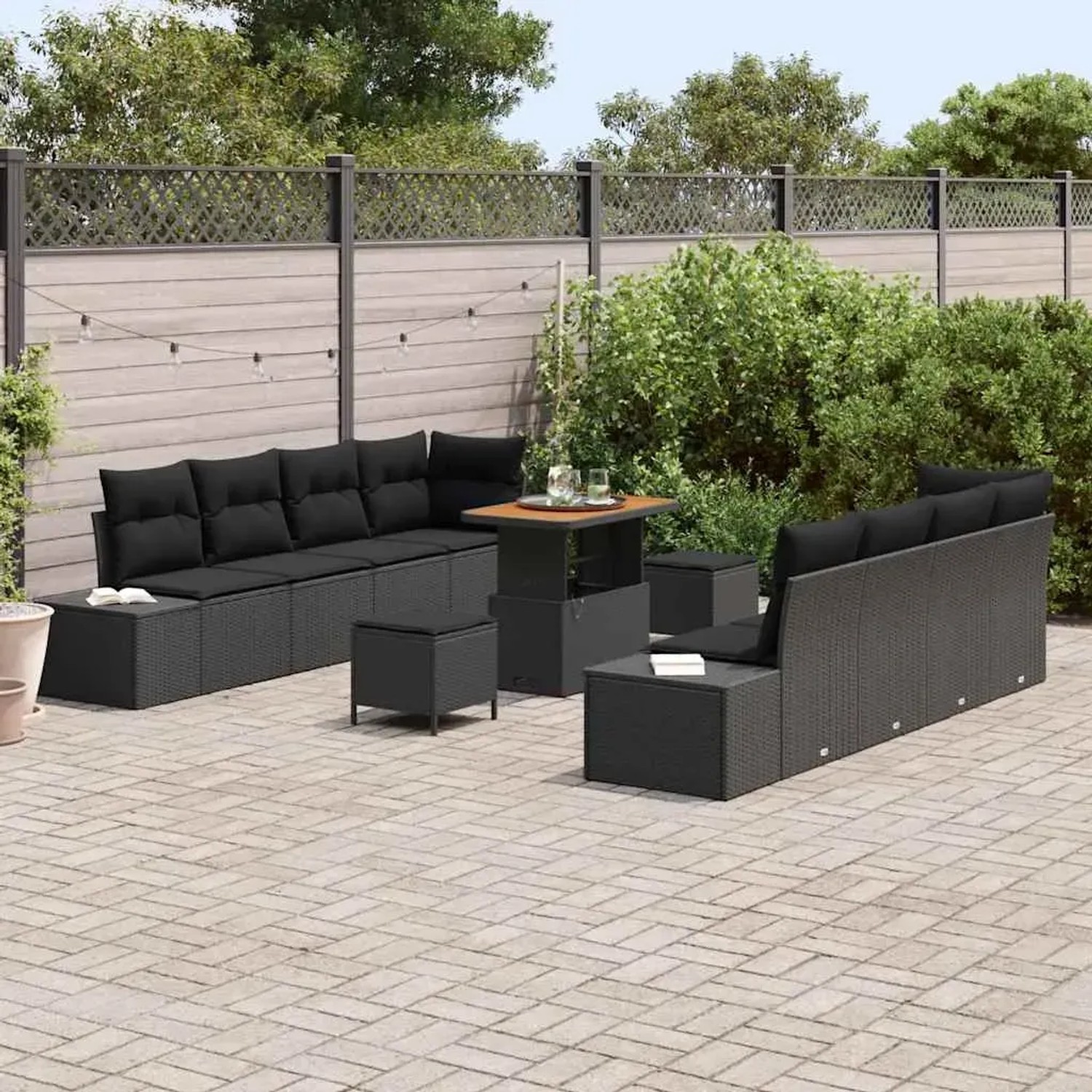 vidaXL Garten-Sofa-Set, 11-teilig, schwarz, Poly Rattan. Gartenmöbel mit Tisch und Kissen.