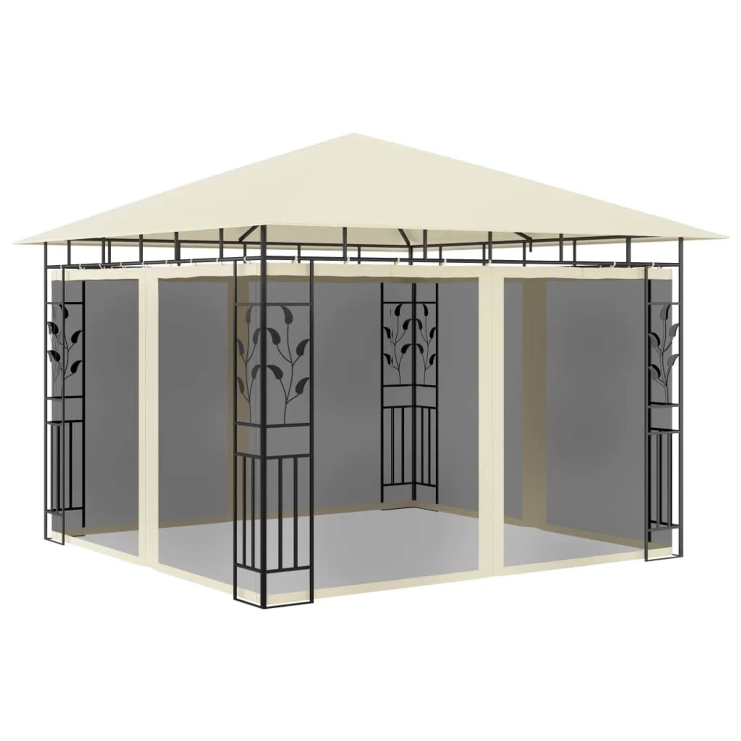 Cremeweißer Pavillon 3x3m mit Moskitonetz und LED-Lichterkette für Garten & Terrasse.