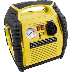 APA Power Pack 5 in 1: Gelbes Starthilfe-Set mit Kompressor, Spannungswandler und LED-Leuchte.