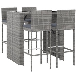vidaXL Gartenbar-Set, 5-teilig, grau, Poly Rattan mit Tisch und 4 Barhockern mit Kissen.