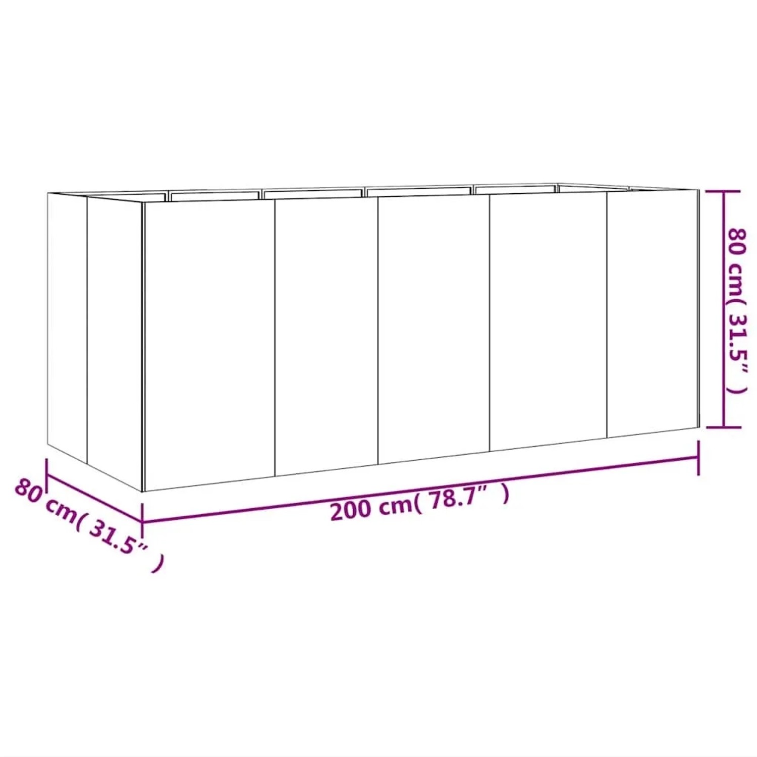 Technische Zeichnung des vidaXL Hochbeets aus Cortenstahl mit Maßen 200x80x80 cm für Garten und Balkon.