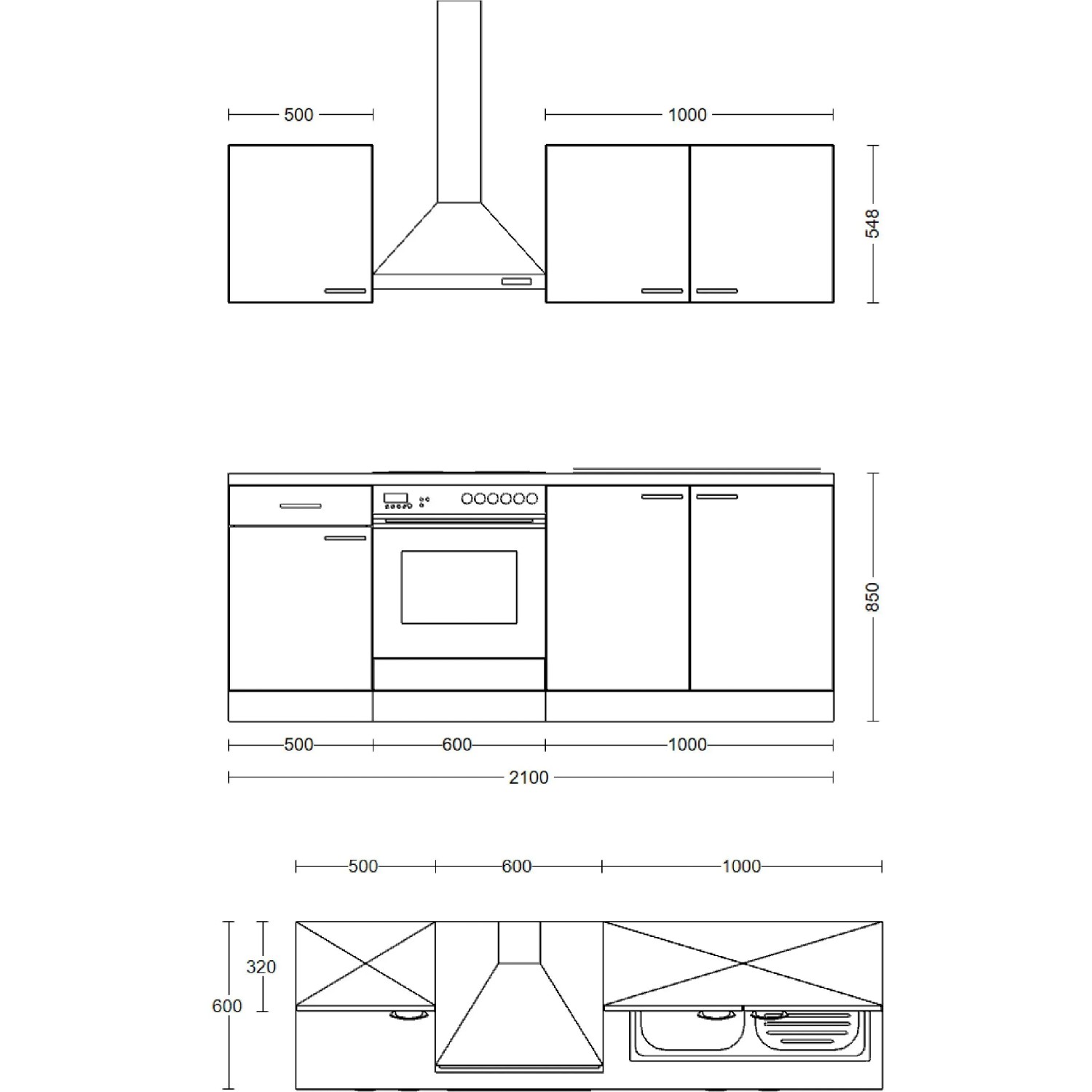 Skizze der Flex-Well Classic Küchenzeile Florida, 210 cm, Weiß und Sonoma Eiche, mit Maßen.