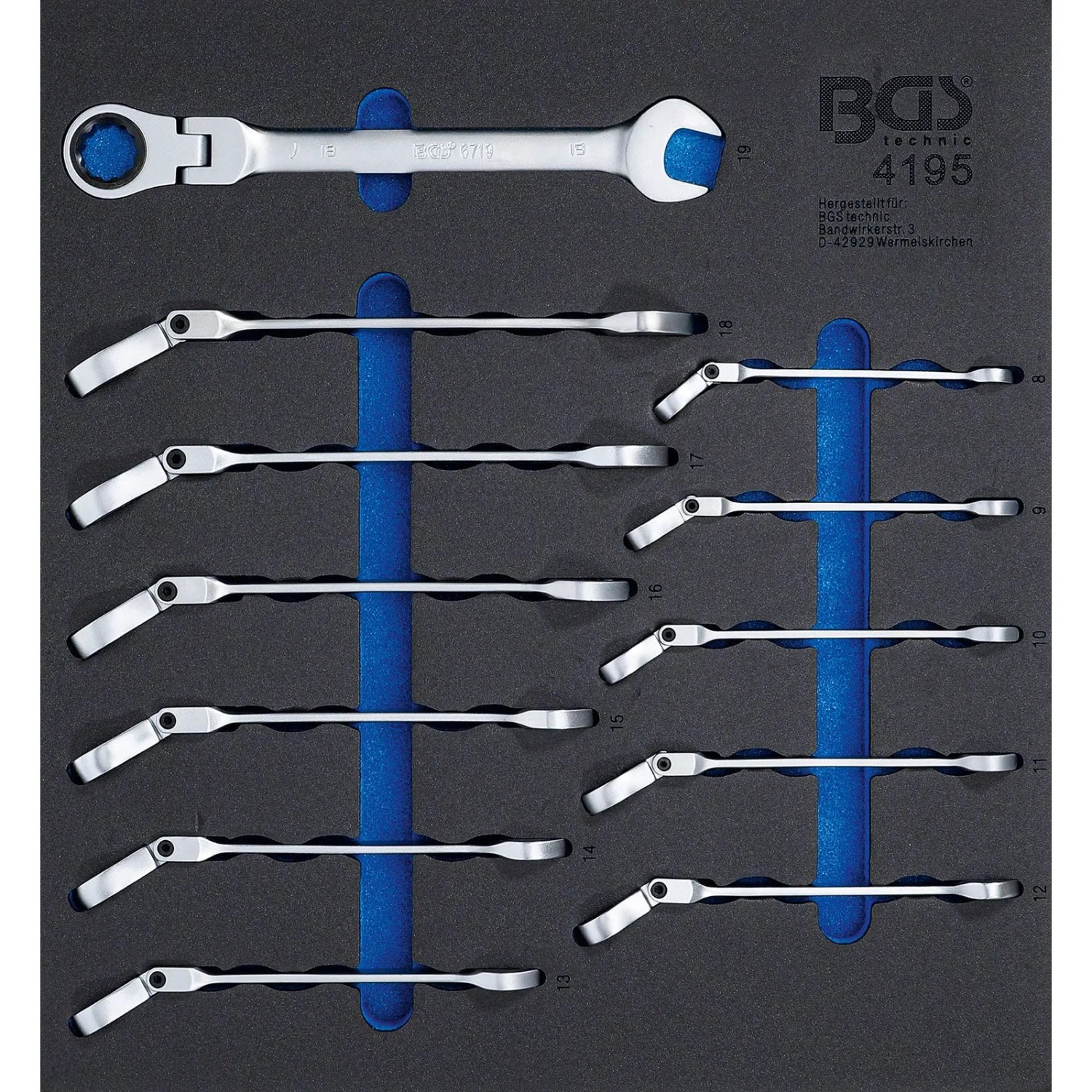 BGS Werkstattwageneinlage 2 3 Ratschenring Maulschlüssel Satz Abwinkelbar SW 8 19 Mm 12Tlg  4195