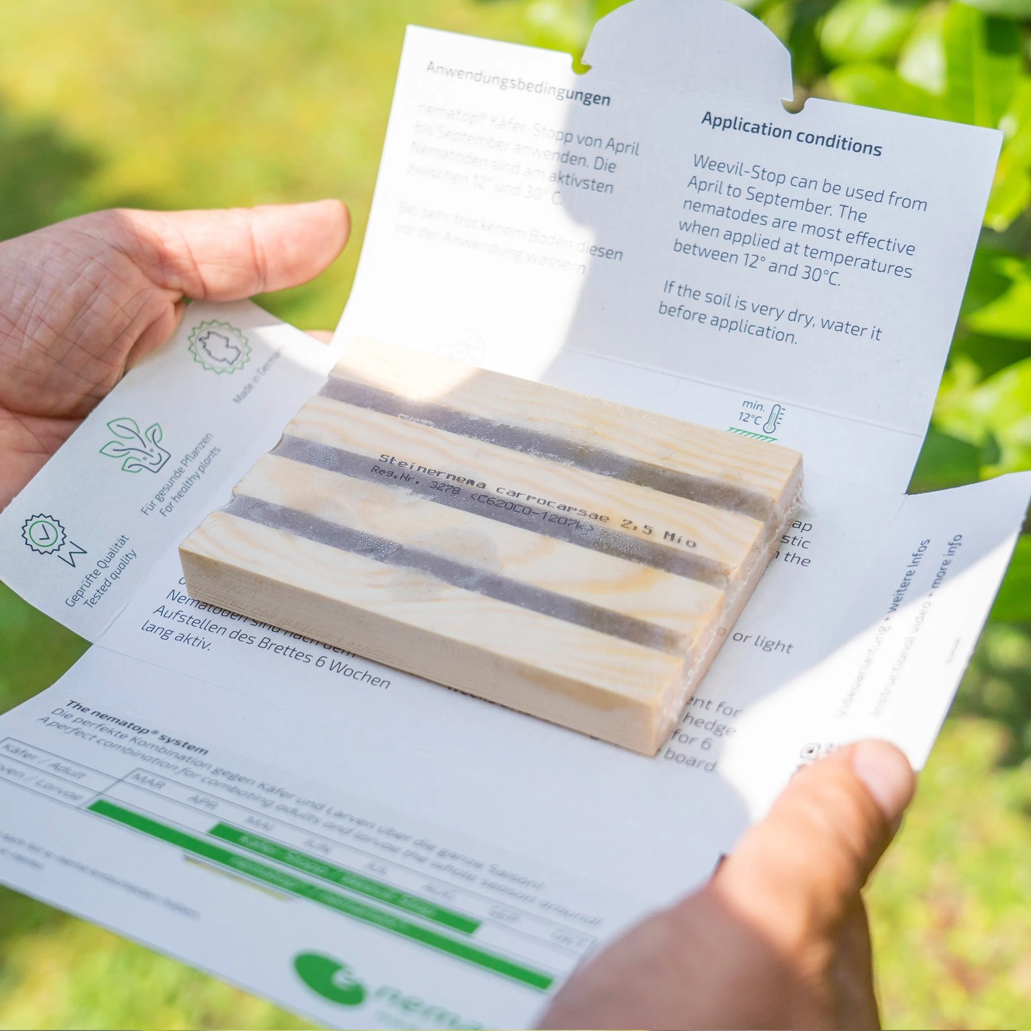 e-nema Falle gegen Dickmaulrüssler, Holzbrett mit Nematoden-Gel in geöffneter Verpackung.