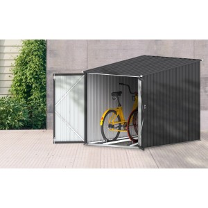 Tepro Fahrradbox Bike & More Midi in Anthrazit mit geöffneter Tür und zwei Fahrrädern darin.